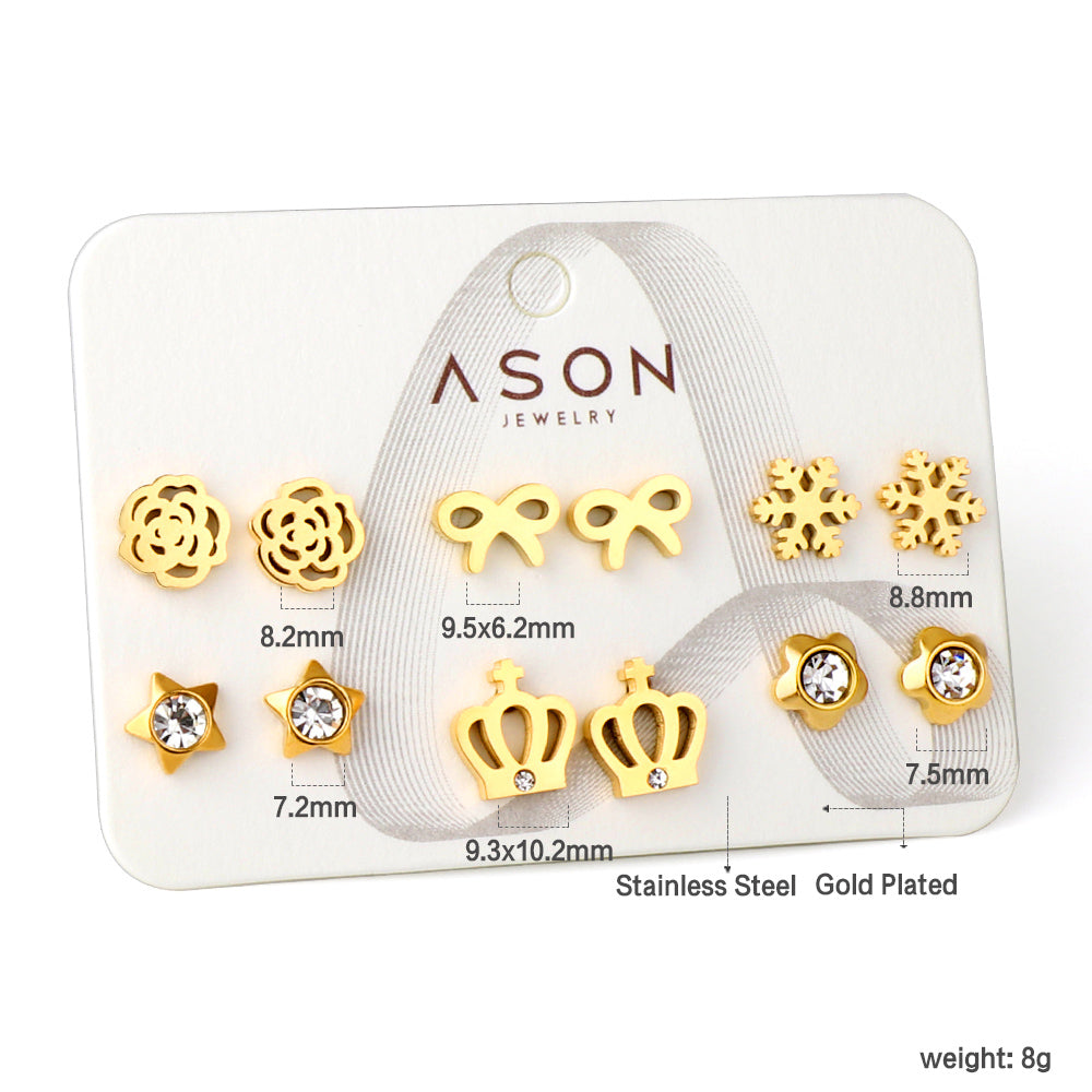 Six Pairs Mixed Snap Cut Crown / Snowflake Stud Earrings Goldtone asonjewelry