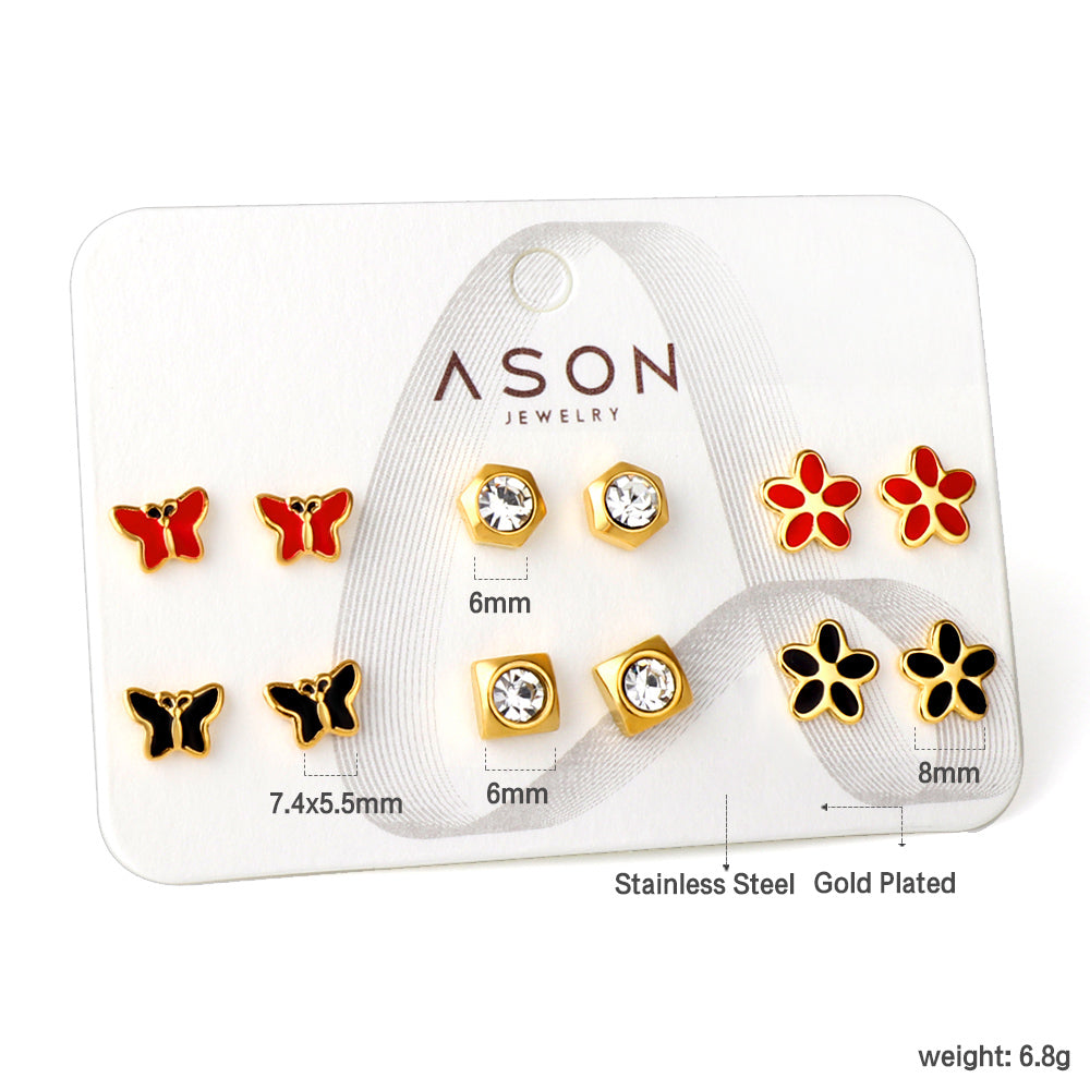 Six pairs mixed mounted snap cut butterfly / flower / diamond square stud earrings gold color asonjewelry
