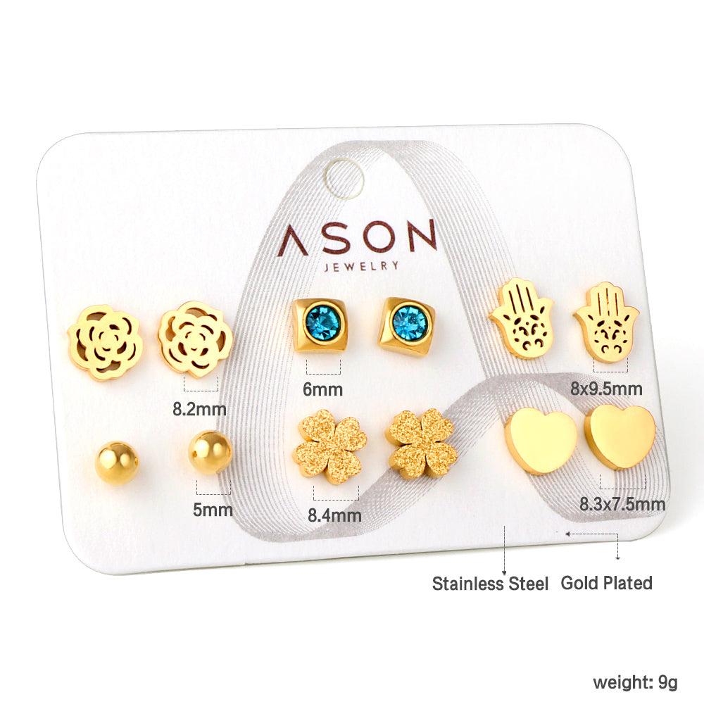 Six pairs of mixed card mounted cut-out palm / glossy heart stud earrings gold color asonjewelry