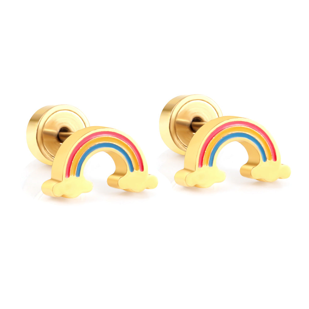 12 pairs Pop earplug rainbow stud earrings steel color/golden color asonjewelry