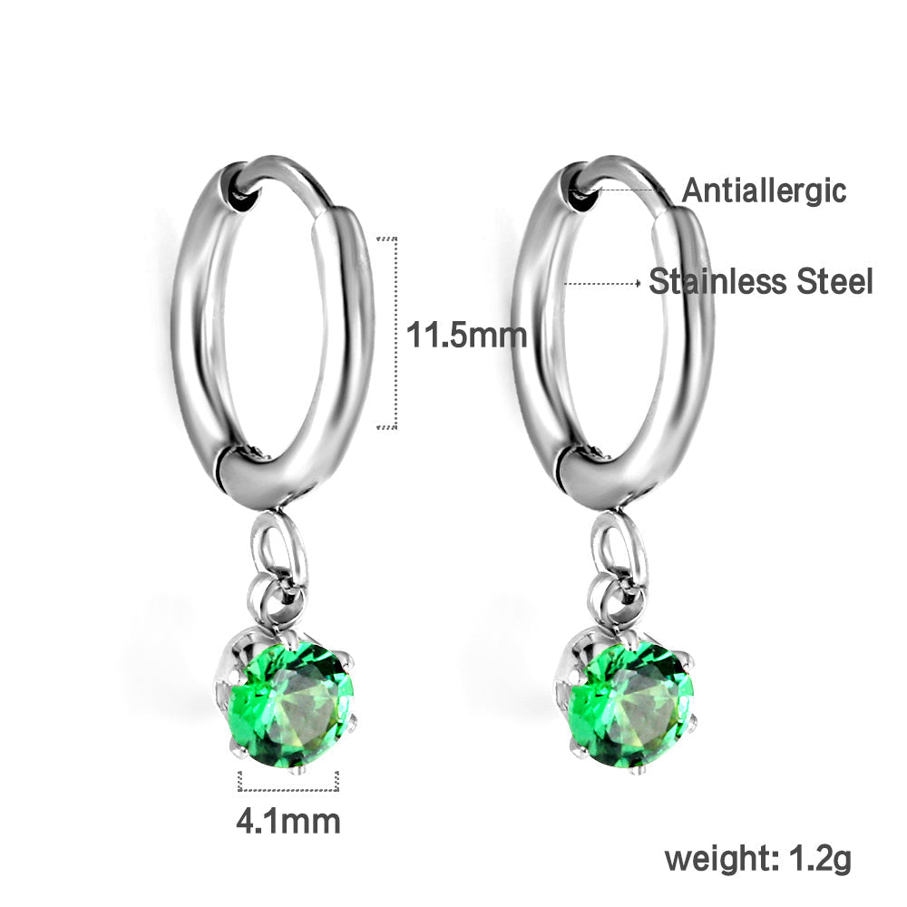 1.5x8mm I.D. earrings+4.5mm white/purple/red/pink/green zirconium round shaped fittings steel color asonjewelry