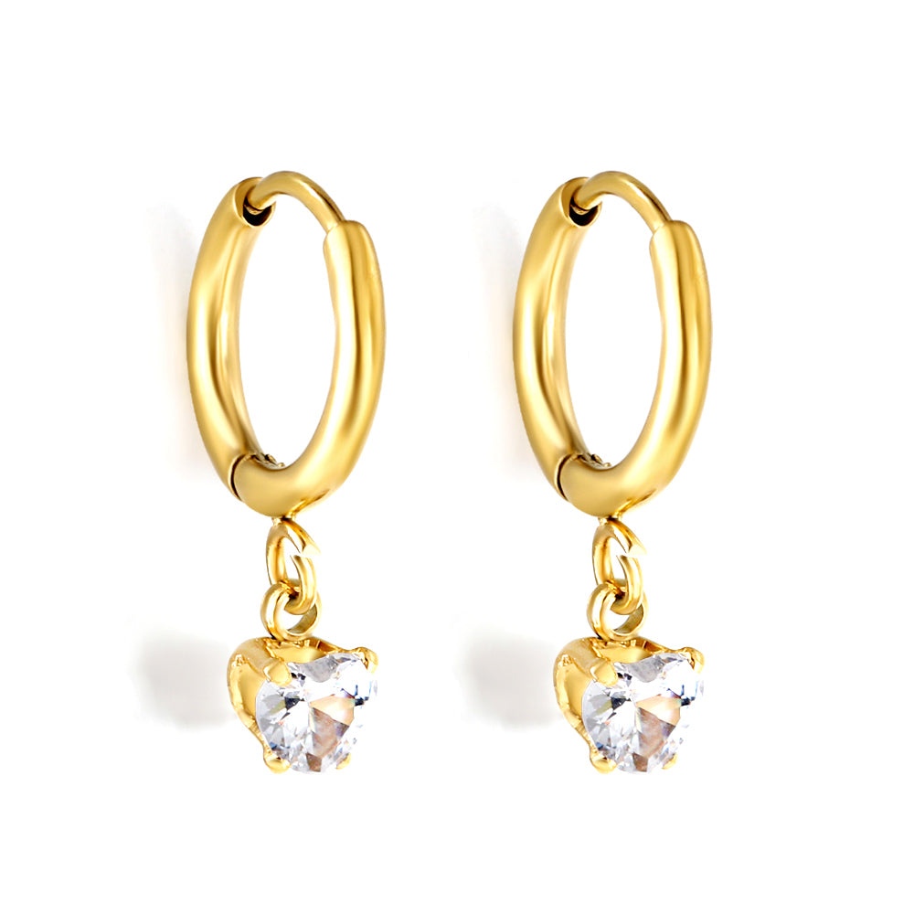 1.5x8mm I.D. earrings + 4*4.2mm white/purple/red/pink/green zirconium heart shaped earrings gold color