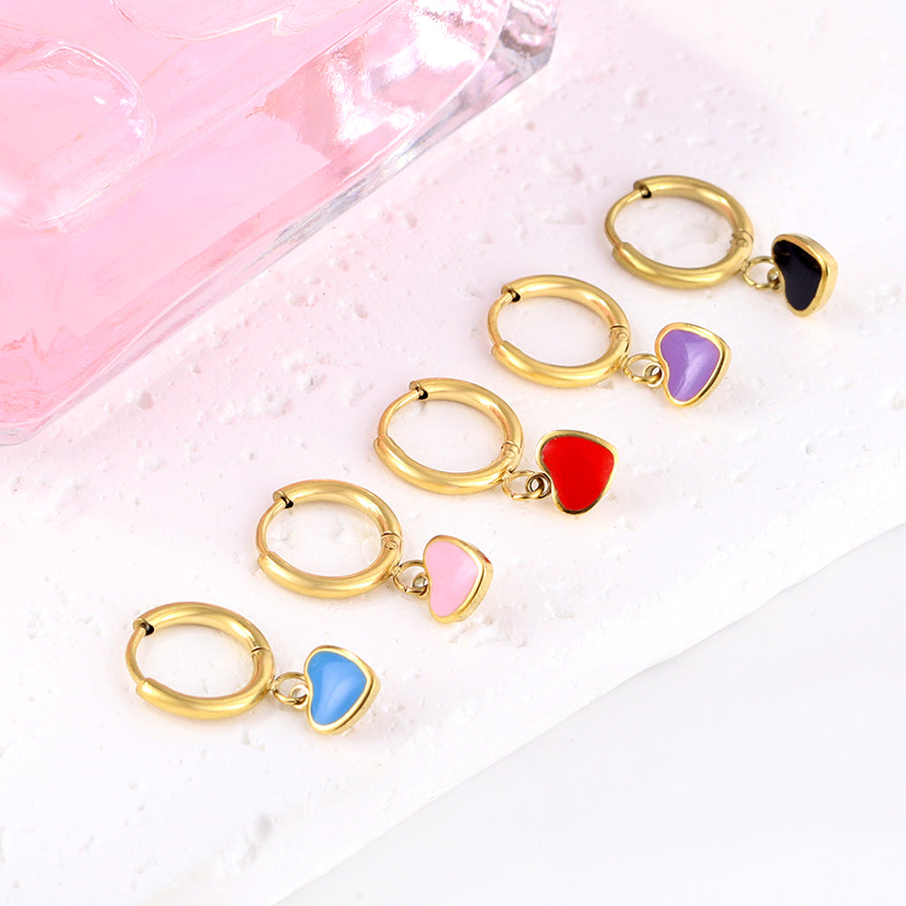 1.5x8mm I.D. earrings + 6.3*5.5mm black/purple/red/pink/blue oil drip heart-shaped accessories earrings steel color/golden color asonjewelry