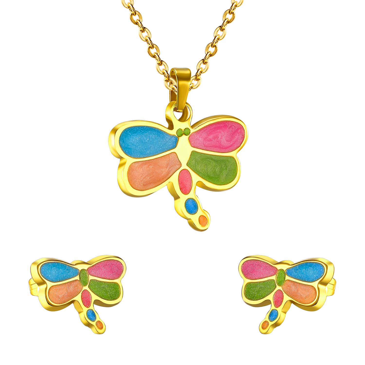 Jewelry set in gold/steel with cut dragonfly wings in several colors. asonjewelry