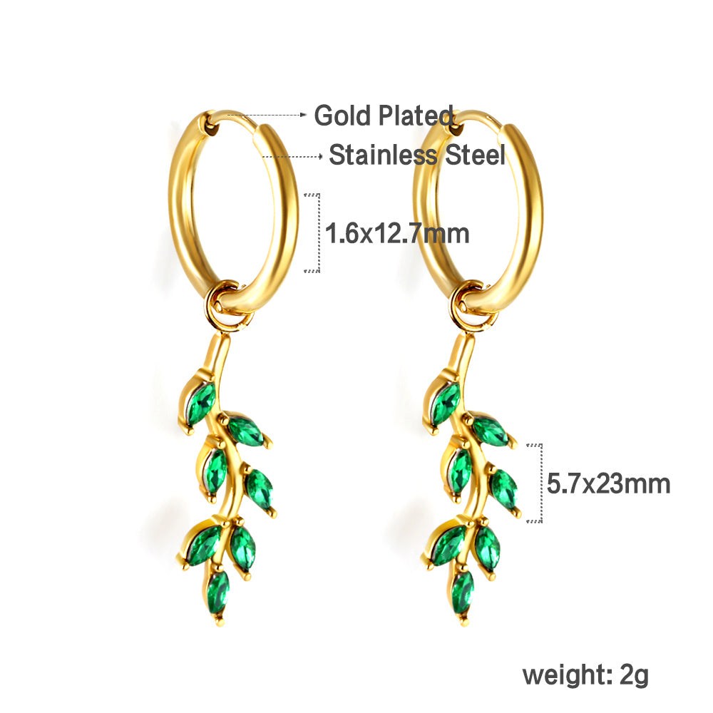 1.5x13.5mm circle with leaf green diamond earrings asonjewelry