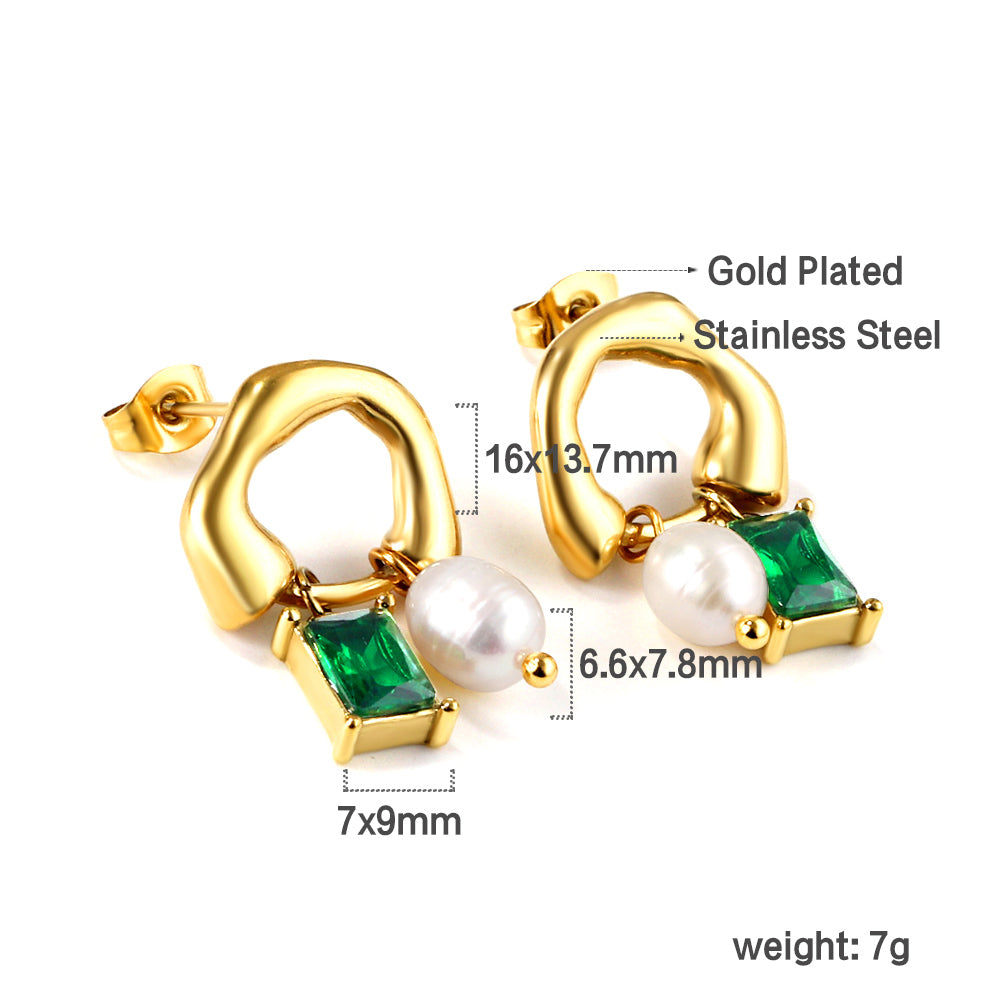 Shaped half circle with rectangular green diamonds + white pearl earrings asonjewelry