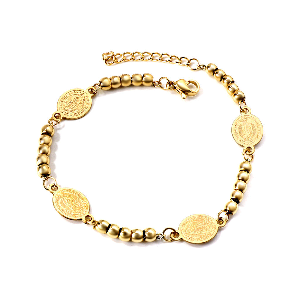 4 Oval with Portrait + 5 Steel Beads Charm Bracelet 18+3cm asonjewelry