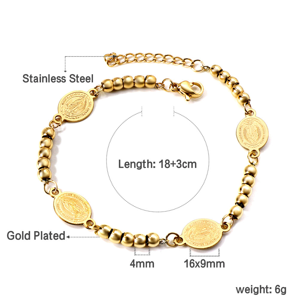 Bracelet à Breloques 4 Ovales avec Portrait + 5 Perles en Acier 18+3cm