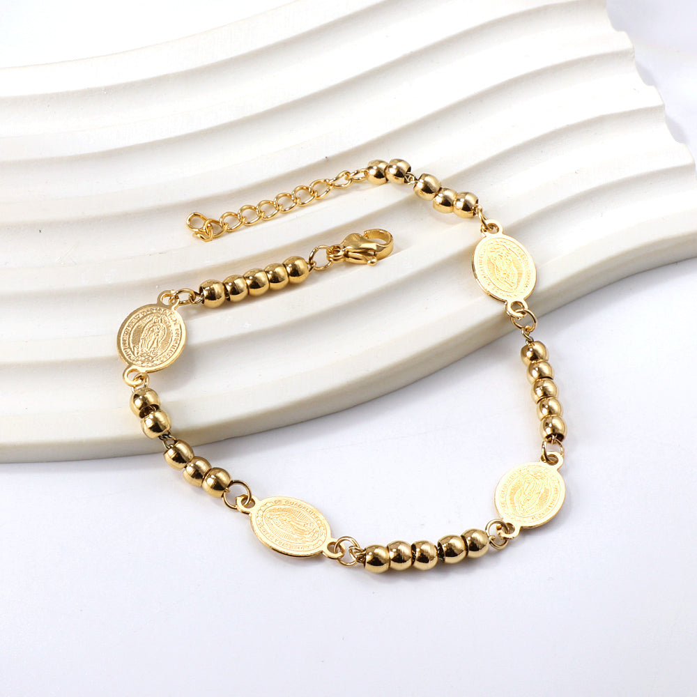 Bracelet à Breloques 4 Ovales avec Portrait + 5 Perles en Acier 18+3cm