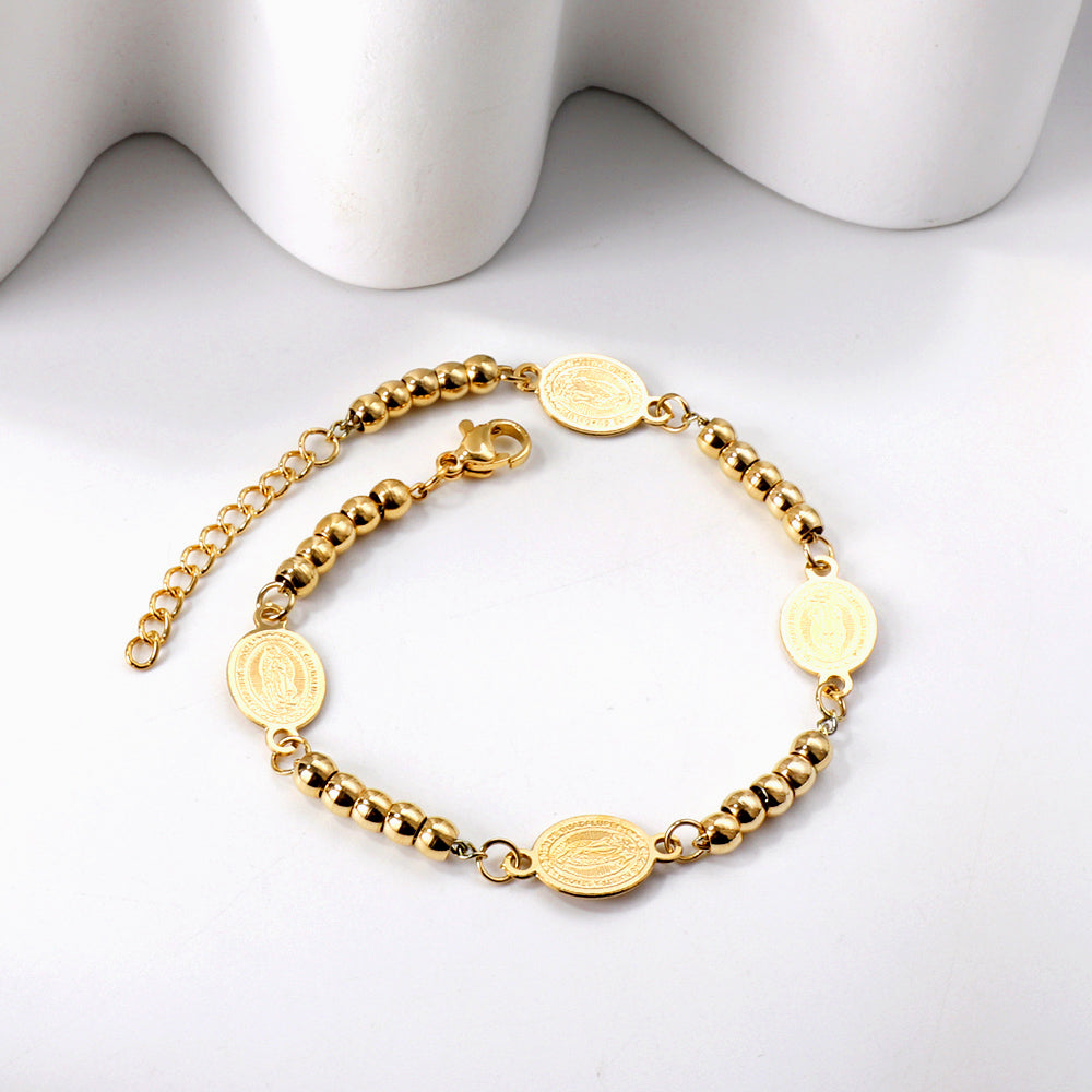 Bracelet à Breloques 4 Ovales avec Portrait + 5 Perles en Acier 18+3cm