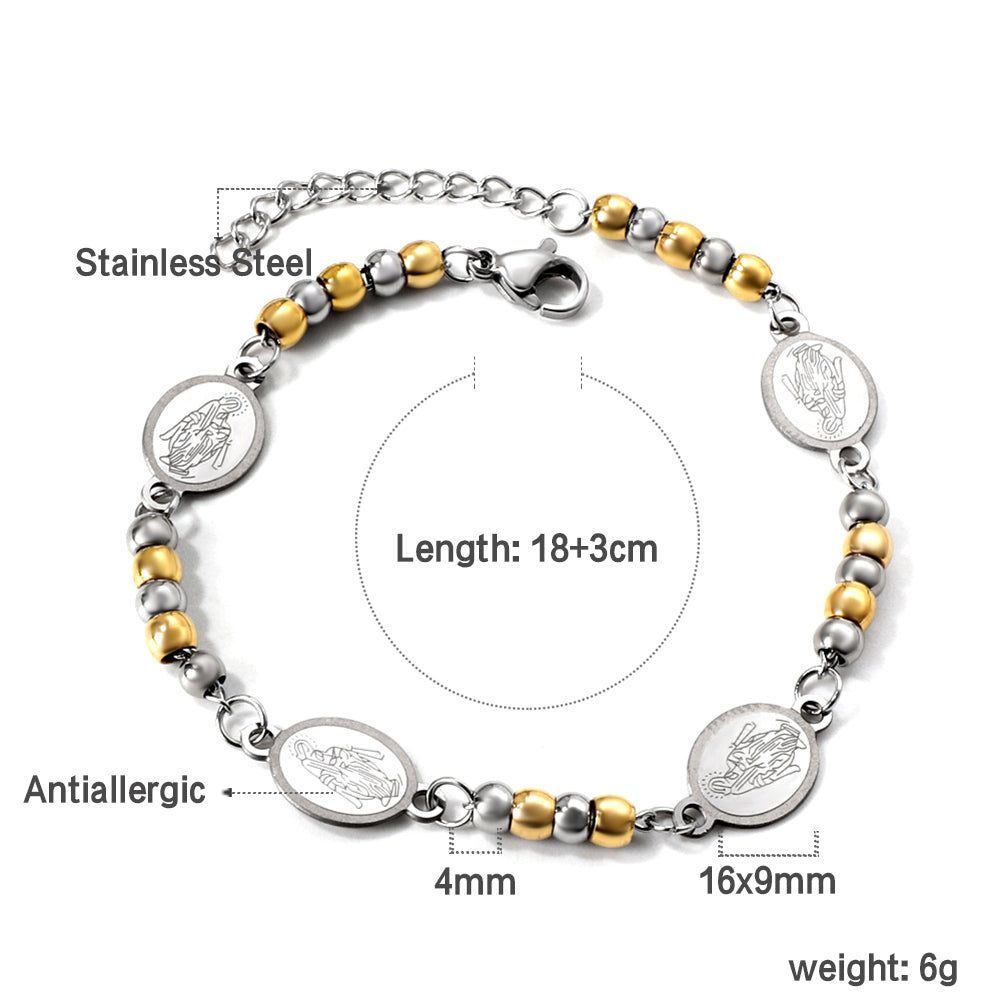 4 Oval with Portrait + 5 Gradient Gold Beads Charm Bracelet 18+3cm asonjewelry