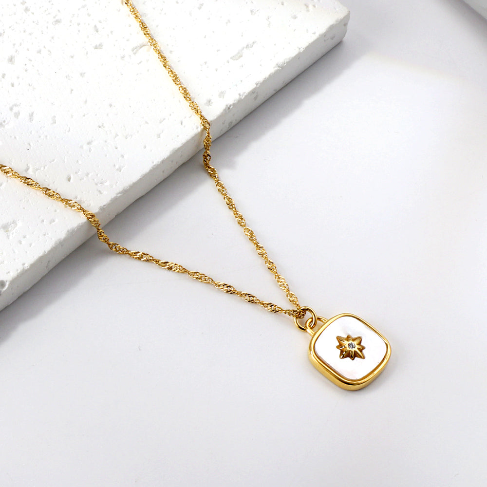 Square with white shell with lucky star with diamond pendant necklace 40+5cm 18K gold asonjewelry