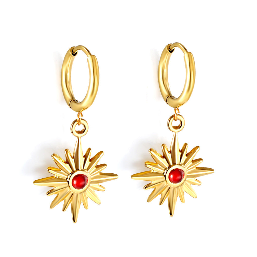 2x14mm circle with lucky star red CZ earrings Gold asonjewelry