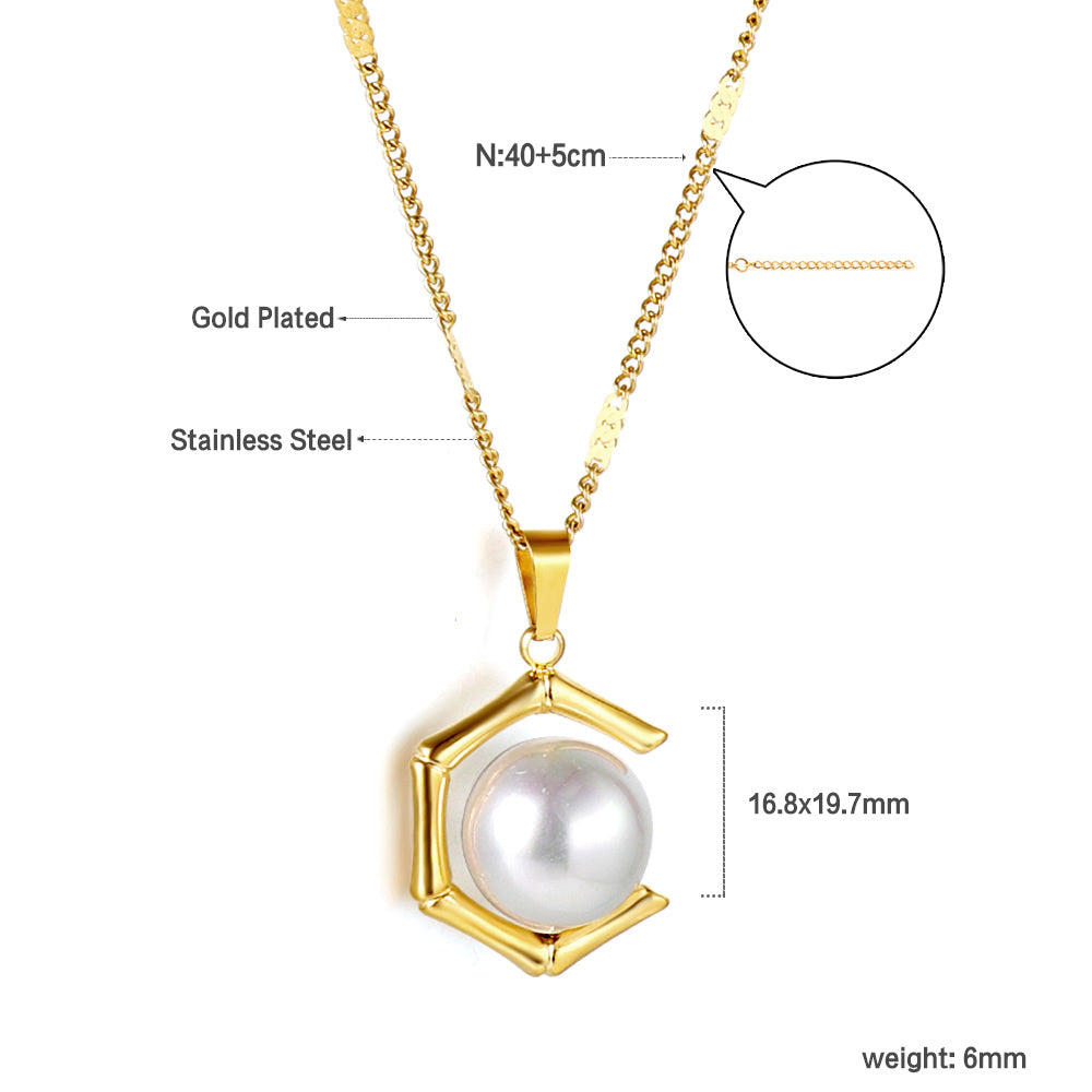 Pentagonal + white pearl pendant necklace 40+5cm