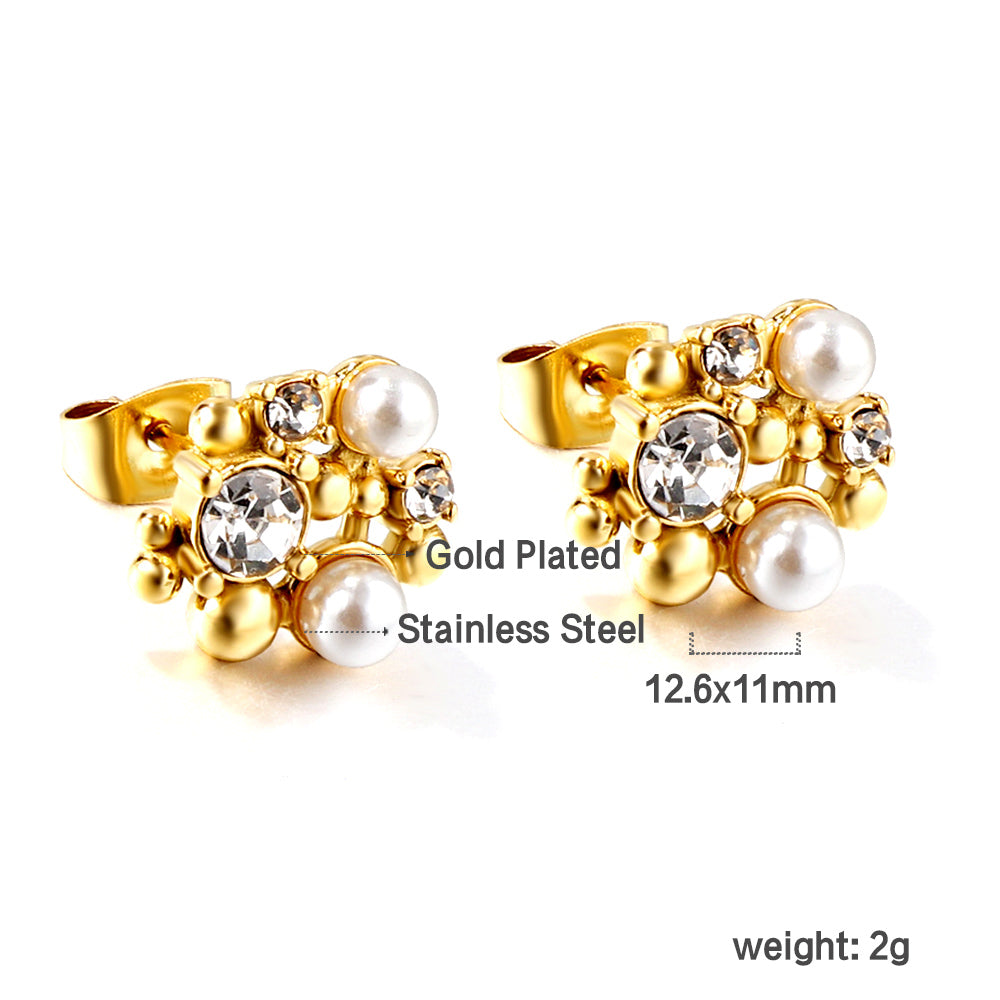 Shaped with steel beads + white diamonds + white pearl earrings 18k gold asonjewelry