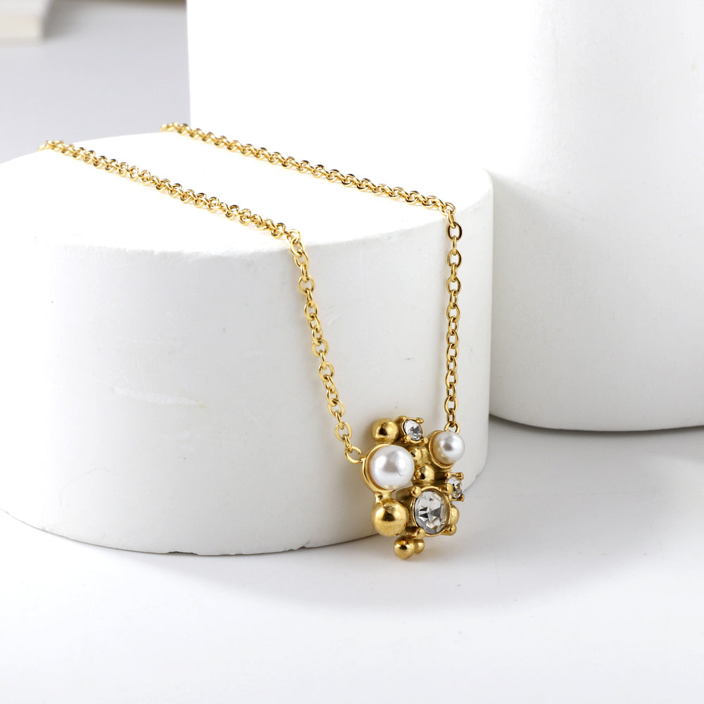 Steel beads + white diamonds + white pearls pendant necklace 40+5cm shape asonjewelry