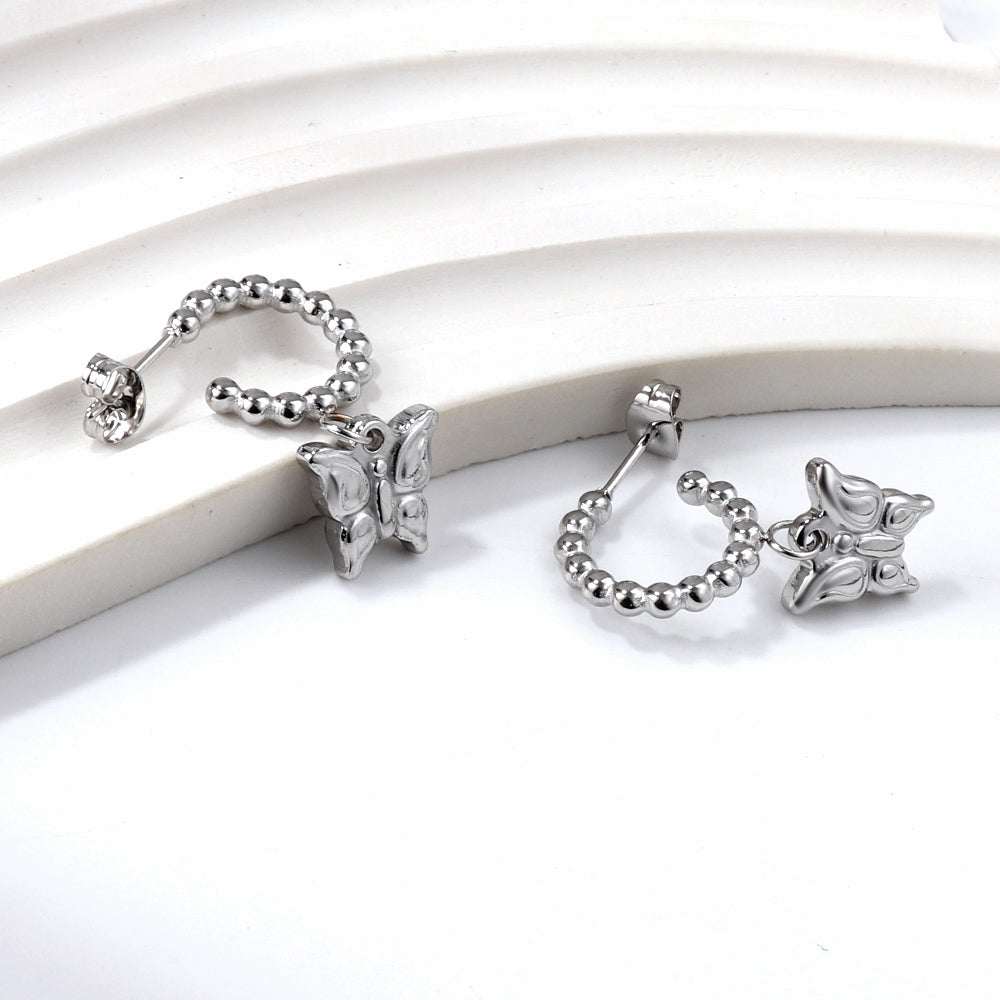 Steel ball open circle with butterfly earrings 18k gold asonjewelry