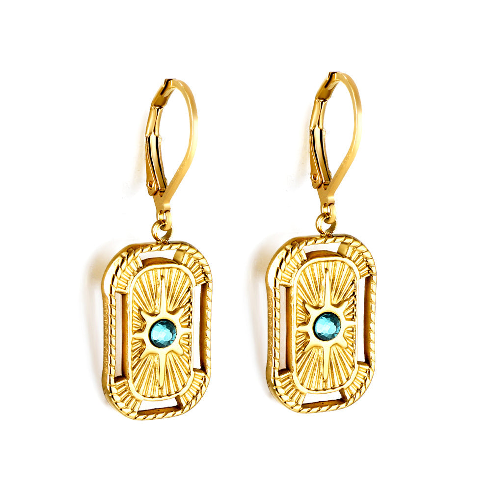 Rectangular stud earrings with blue CZ 18k gold asonjewelry