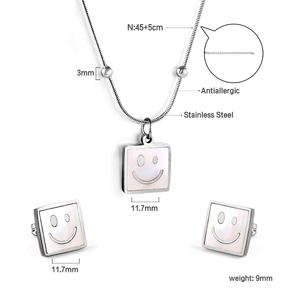 Square White Shell with Smiley Face Set Steel/Gold asonjewelry