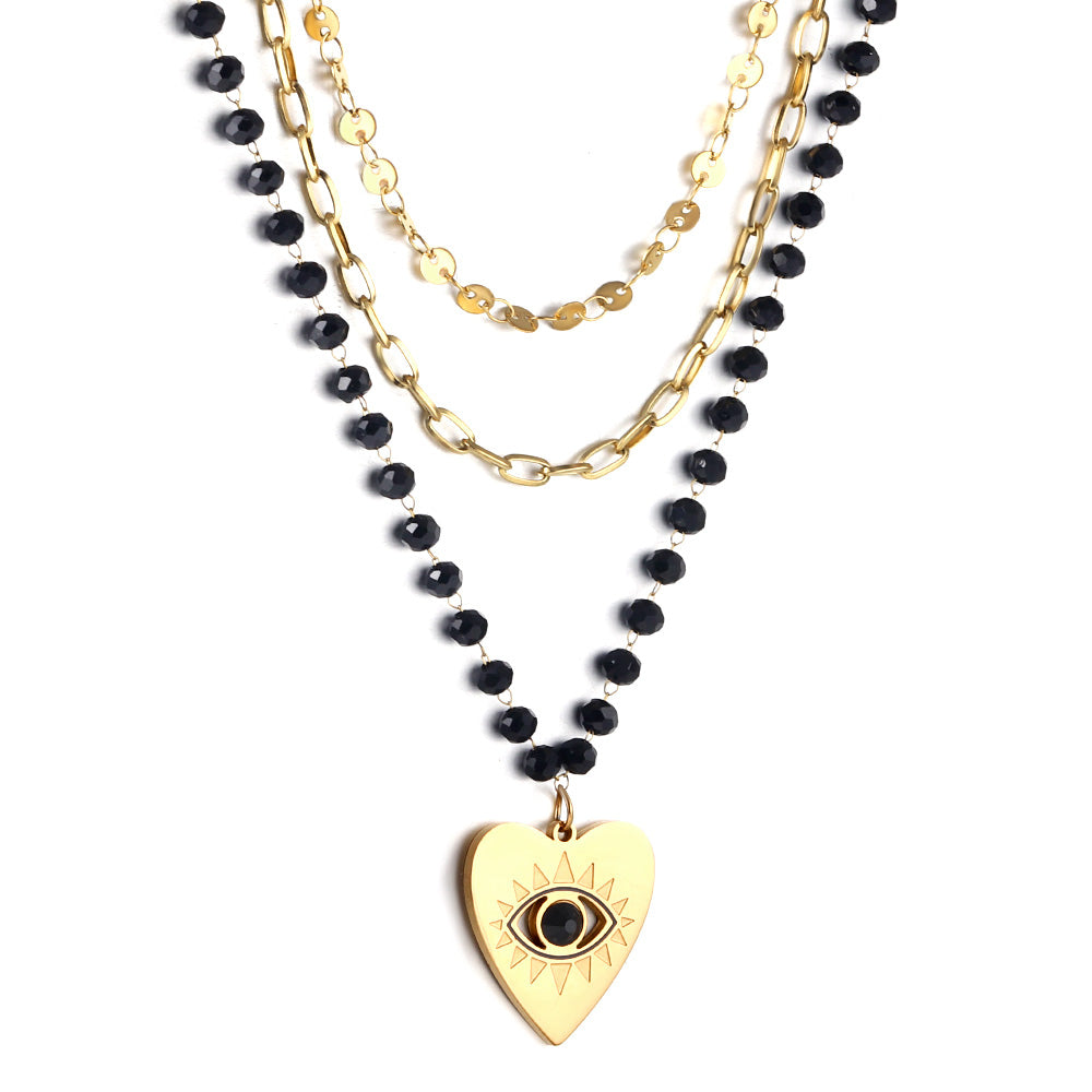 Heart with Black Eye Bead Pendant Black Bead Chain + Matching Chain + Matching Chain Triple Chain 52+44+38+5cm asonjewelry