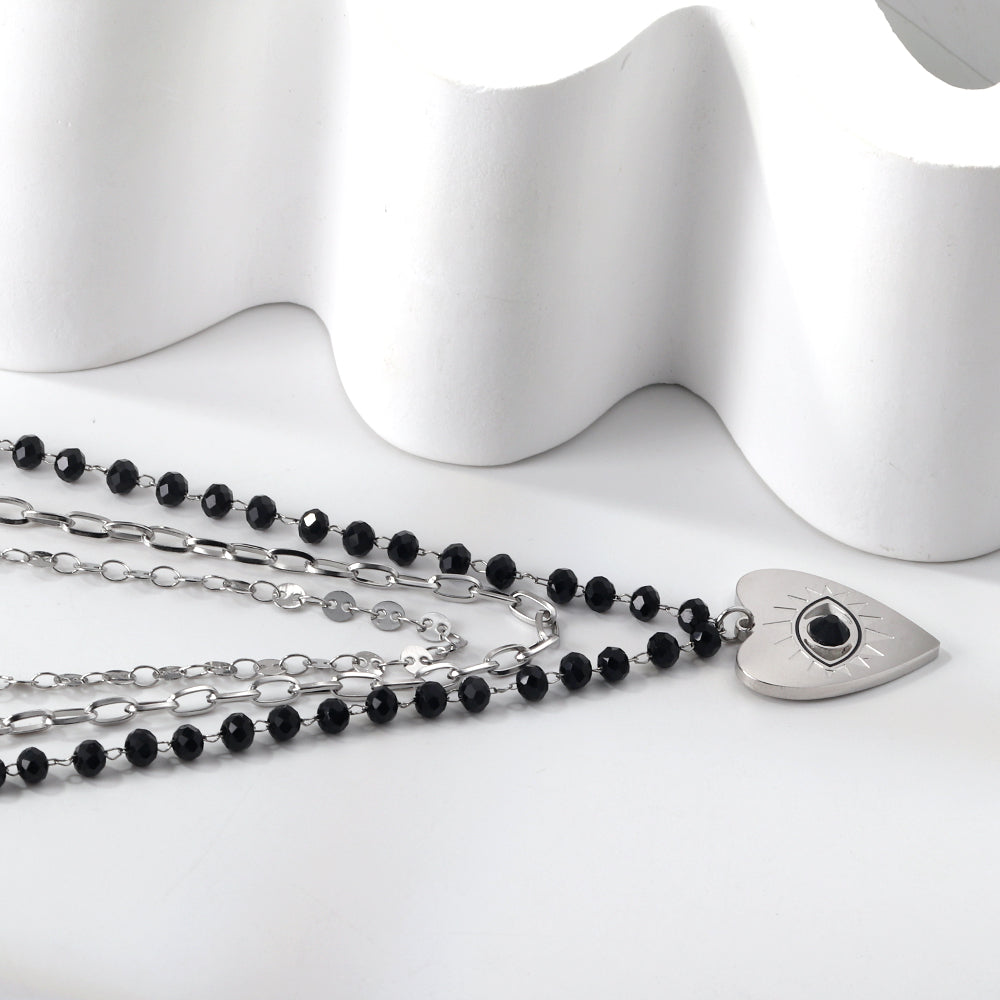 Heart with Black Eye Bead Pendant Black Bead Chain + Matching Chain + Matching Chain Triple Chain 52+44+38+5cm asonjewelry