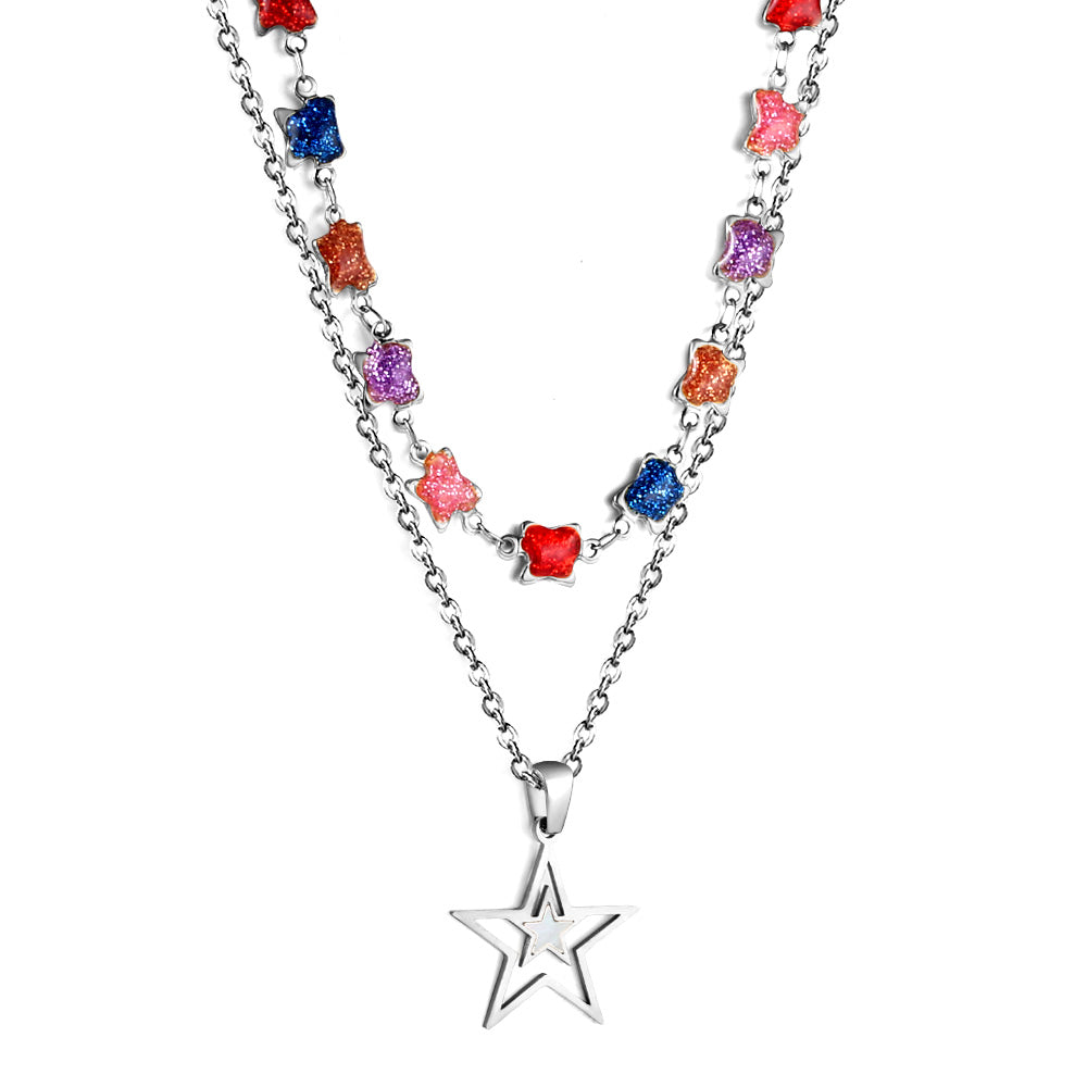 Star with White Oil Drops Star Pendant Black Bead Chain + Mixed Color Butterfly Shaped Double Chain 48+38+5cm asonjewelry