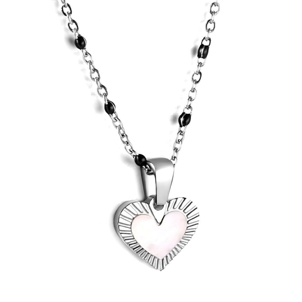 Heart shaped white oil drop pendant + black bead necklace 48+5cm asonjewelry