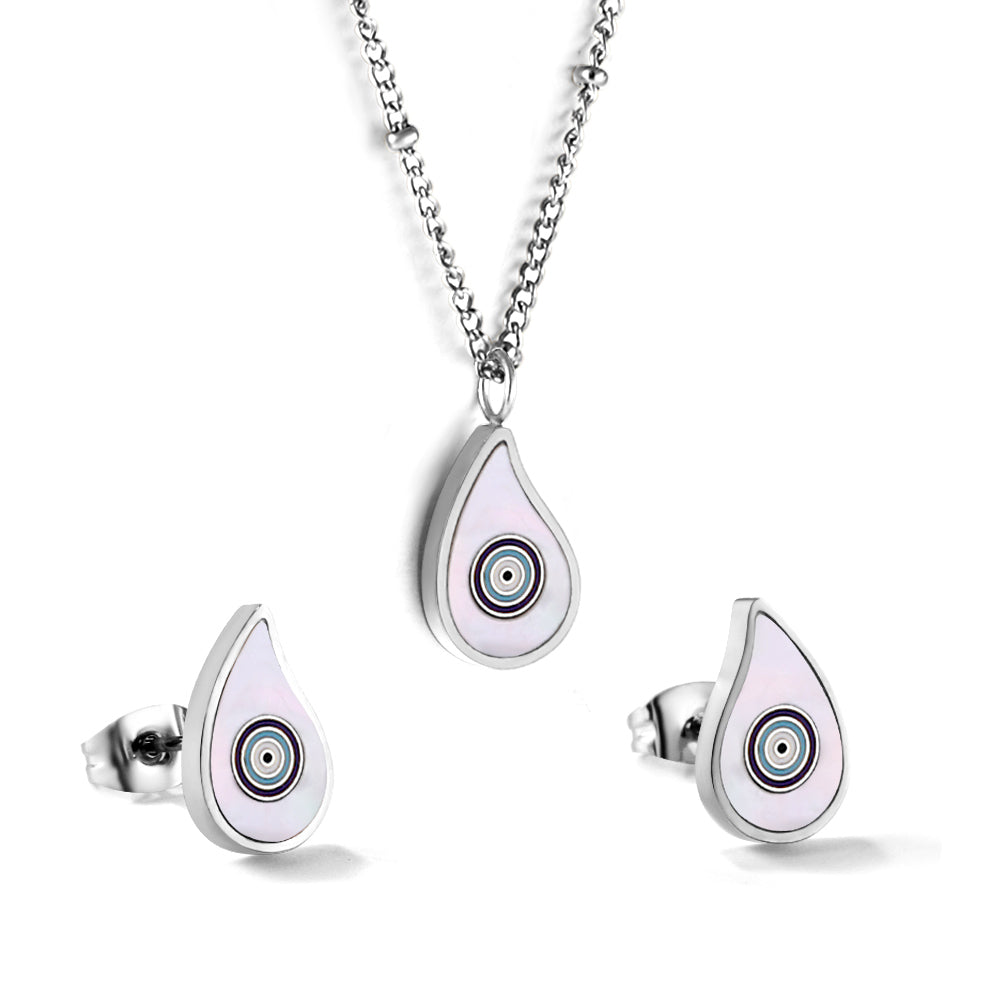 Teardrop White Shell Set with Mixed Color Eyes Steel / Gold asonjewelry