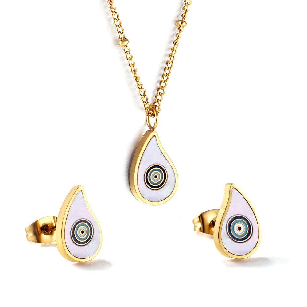 Teardrop White Shell Set with Mixed Color Eyes Steel / Gold asonjewelry