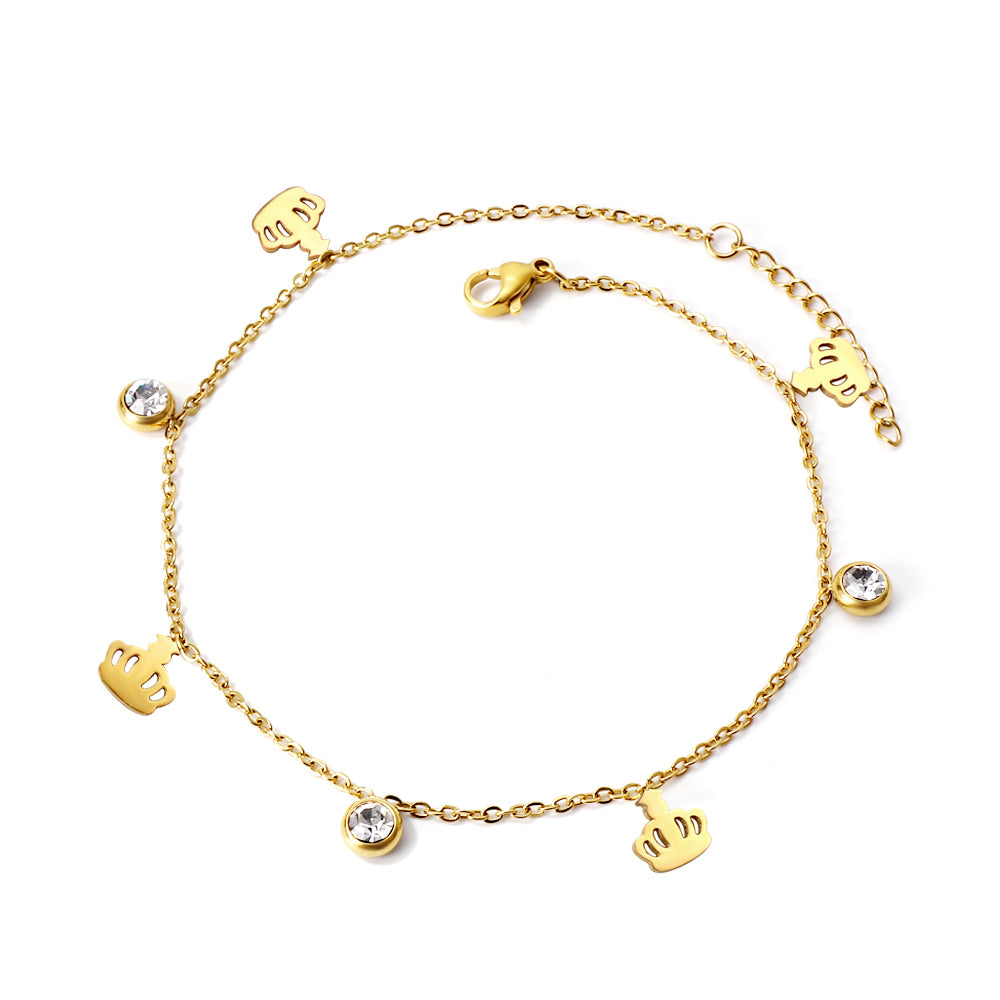 4 Crowns + 3 Round Diamonds Accessories Charm Bracelet 18+3cm Golden asonjewelry