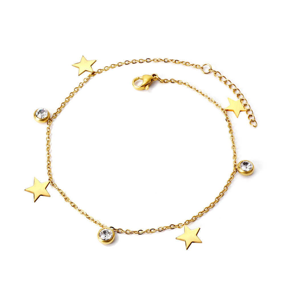 Spring 4 stars + 3 round diamonds accessories charm anklet 24+3cm asonjewelry