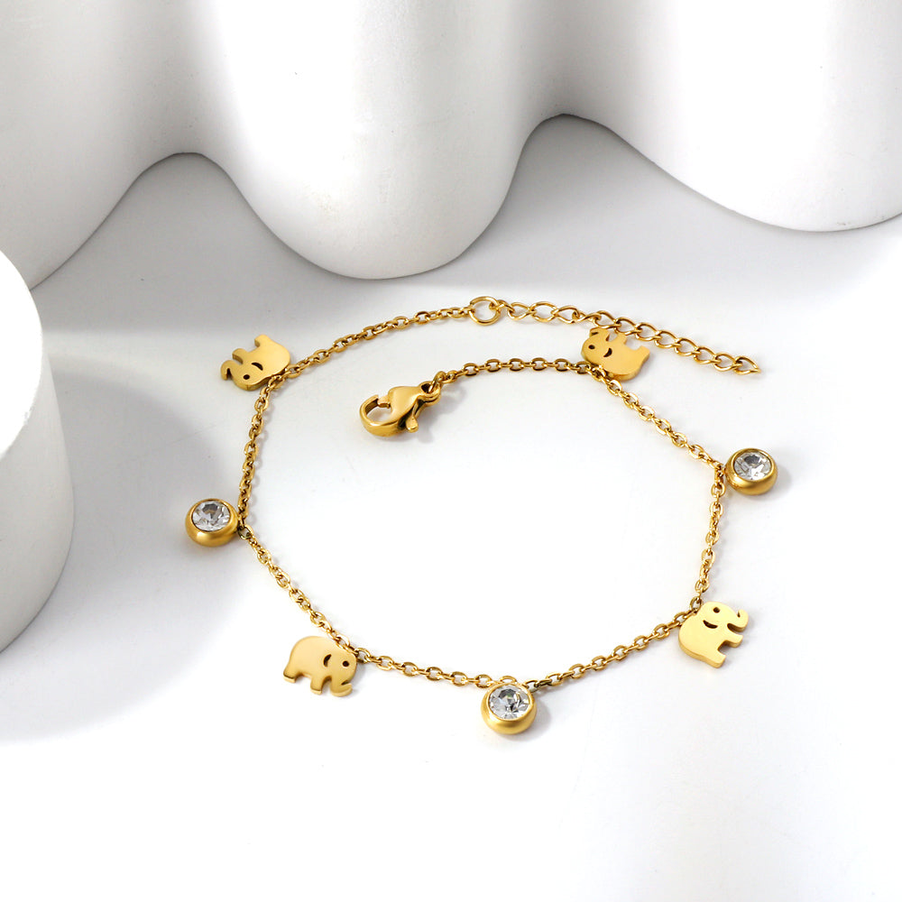 4 Elephants + 3 Round Diamond Accessory Charm Bracelet 18+3cm Golden asonjewelry