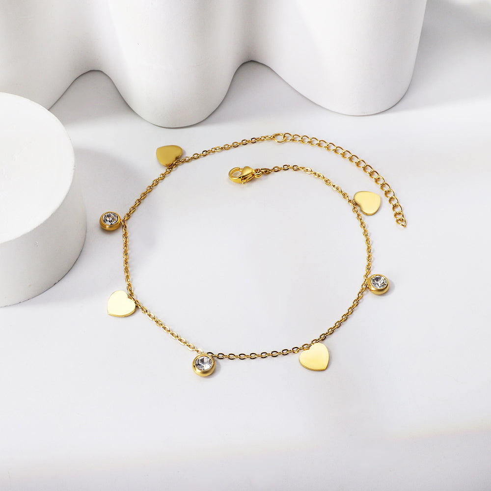 4 hearts + 3 round diamond accessory charm bracelet 18+3cm golden asonjewelry