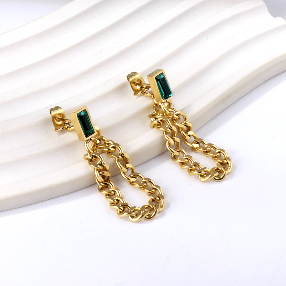 Rectangular green diamond earrings with matching chain 18K gold asonjewelry
