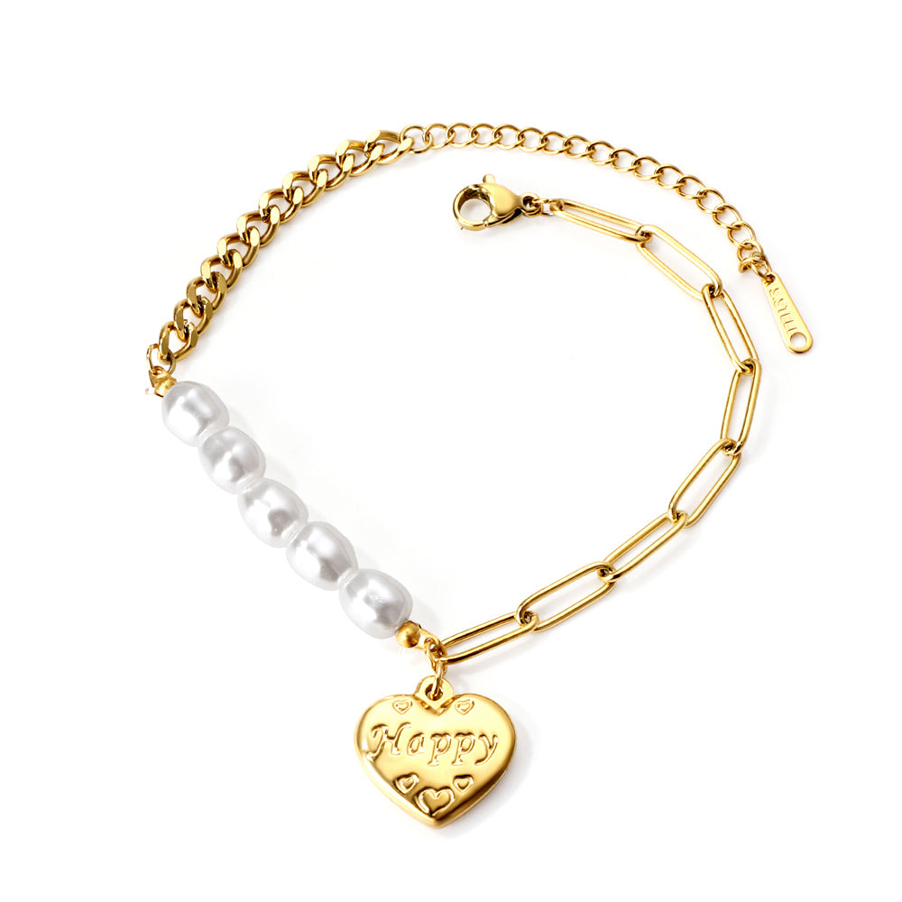 HAPPY heart accessory bracelet with white pearls 17+5cm gold color asonjewelry