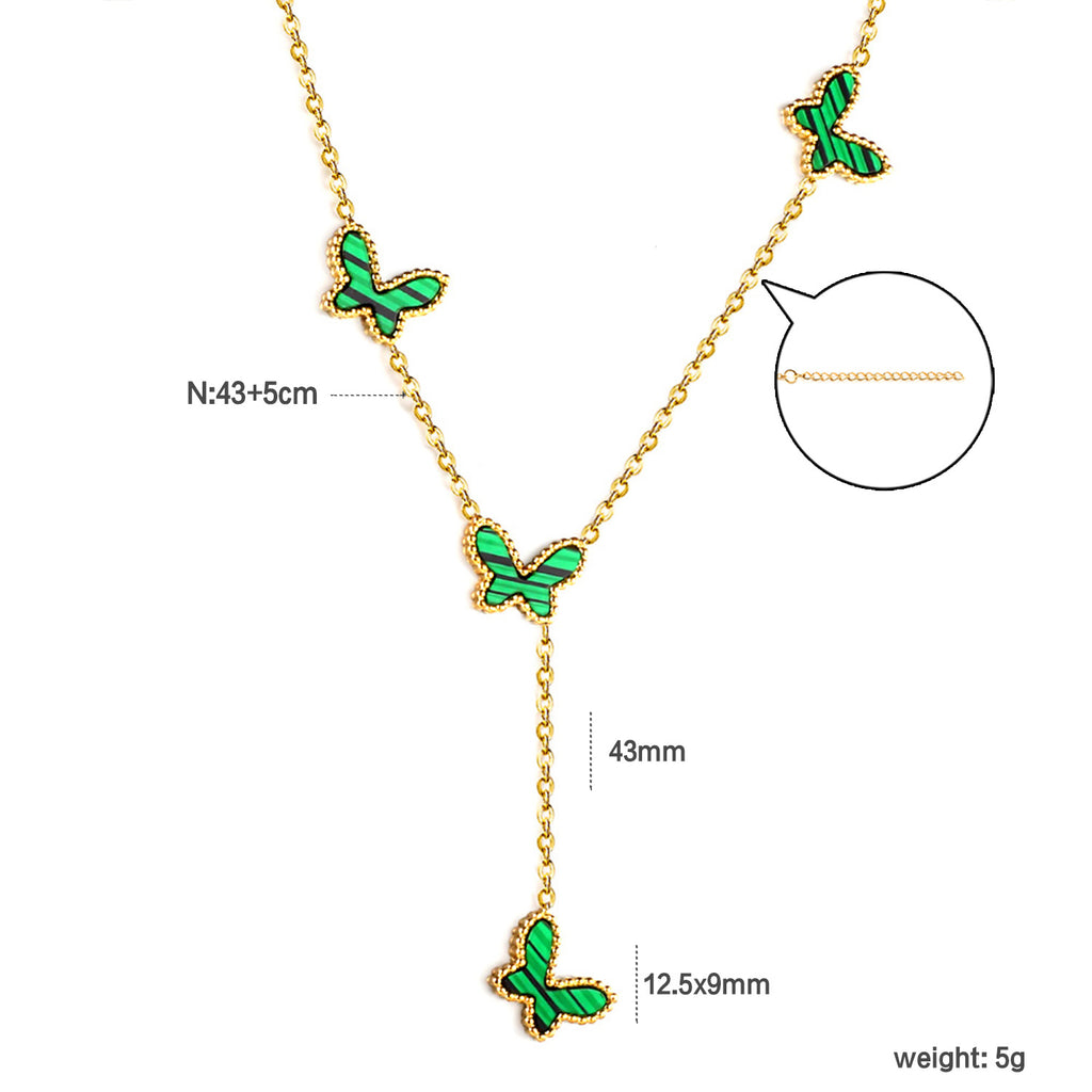 12.5*9mm 4 Butterfly Green/Black/White/Red Shell Pendant Necklace 43+5cm+3*10.3mm Square Plaque Necklace Golden