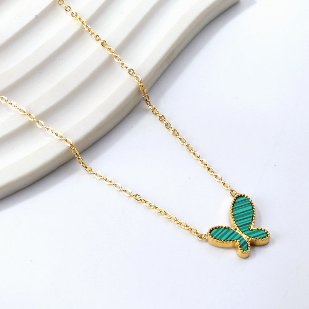 Green Horizontal Butterfly Pendant Necklace 40+7cm asonjewelry