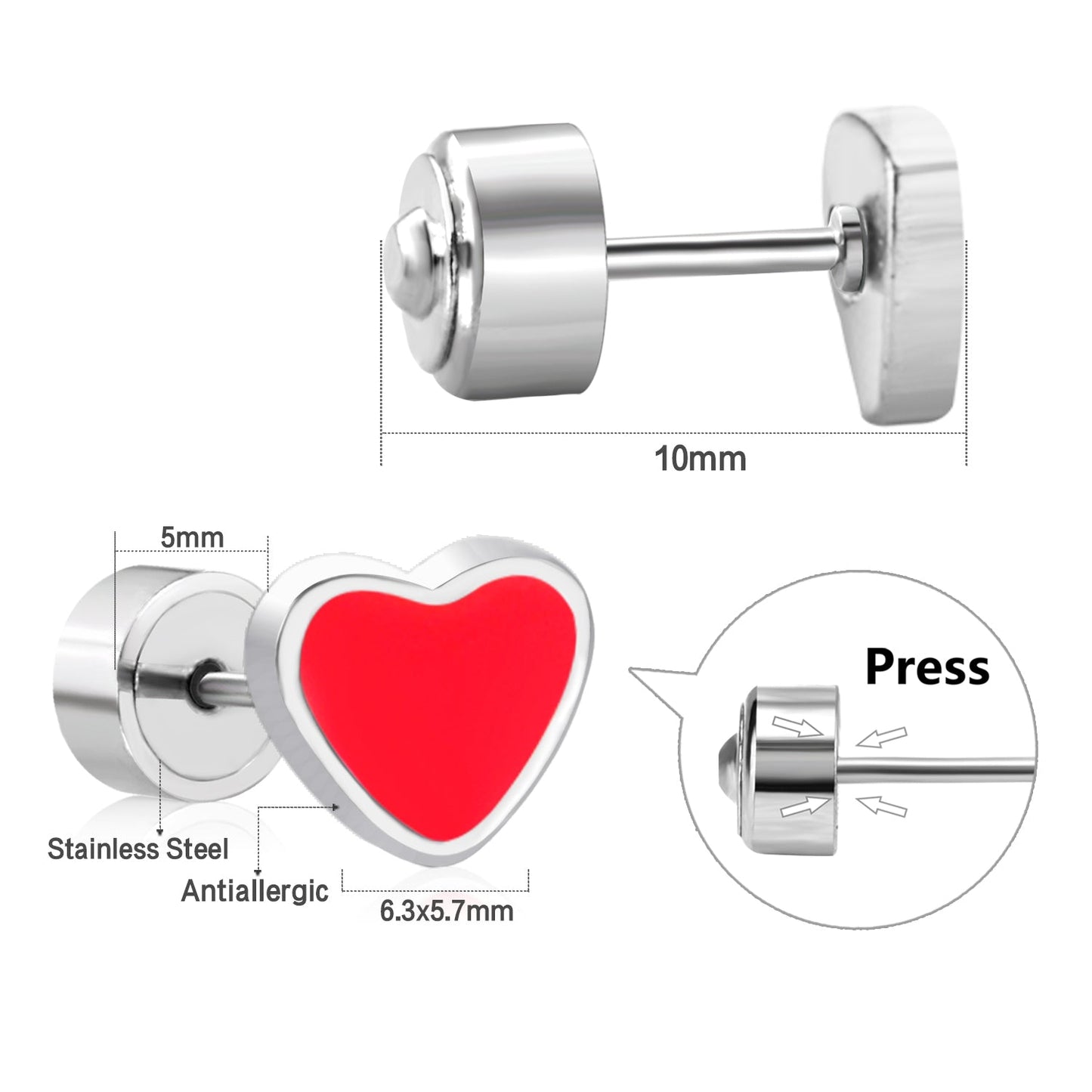 12 pairs Steel Heart Red Clip-On Earrings asonjewelry