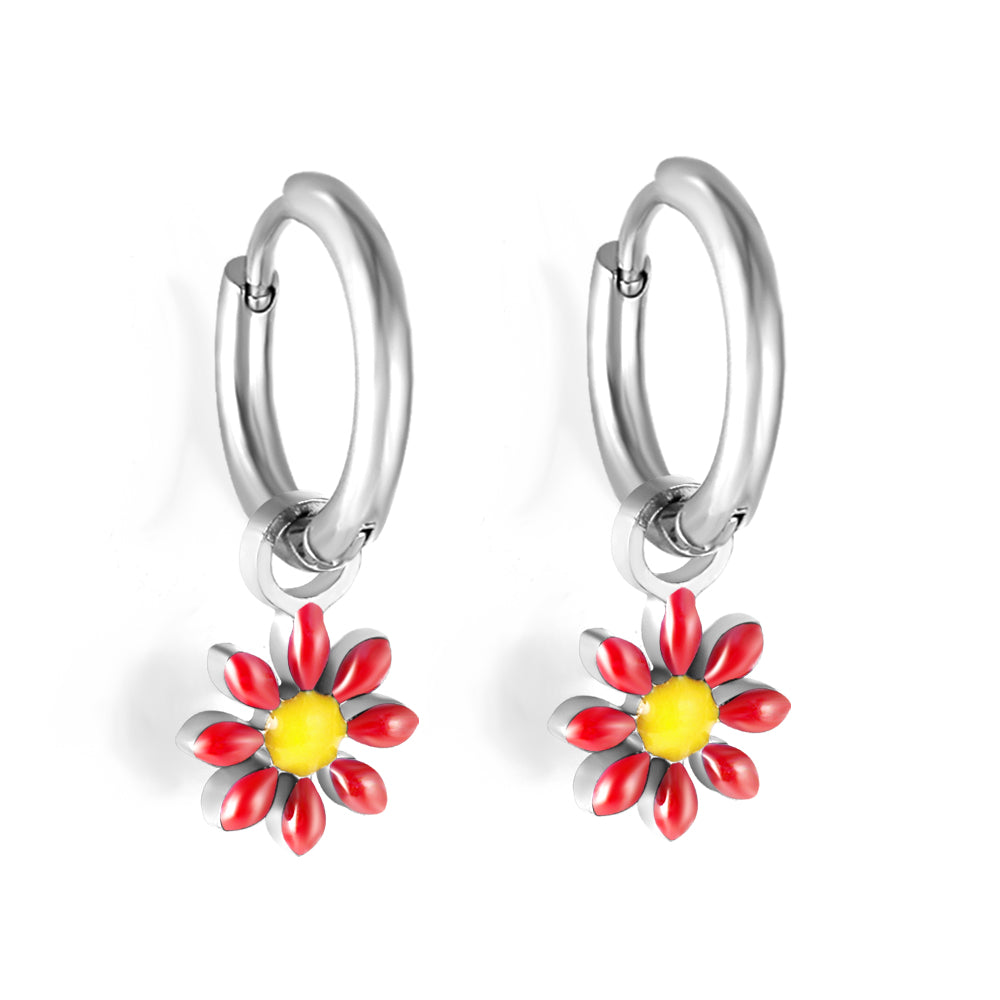 1.6x Inside Diameter 8mm Circle with 7.2mm Black & Green & Yellow & Red & Blue Daisy Earrings asonjewelry