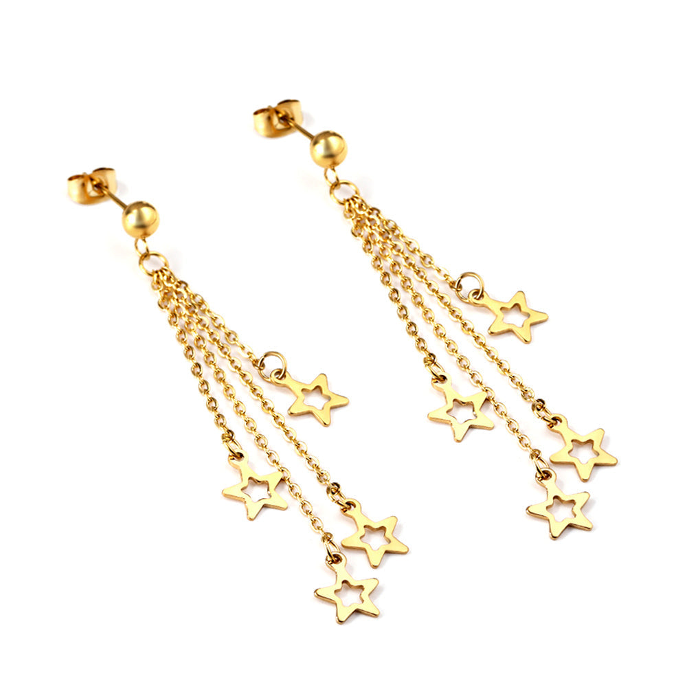 Steel Beads with Long and Short Chain 4 Stars Cutout Earrings asonjewelry