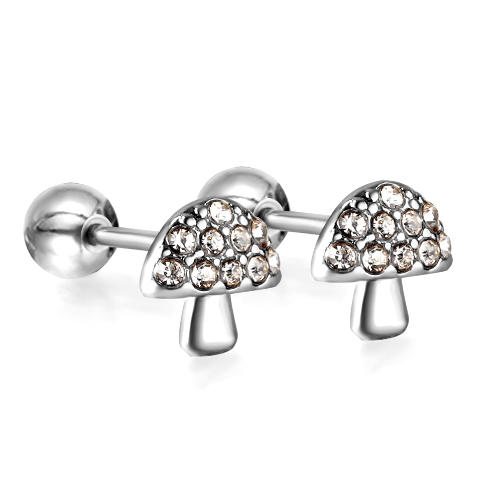 Gold coloured steel ball screw-in mushroom stud earrings with white diamonds asonjewelry