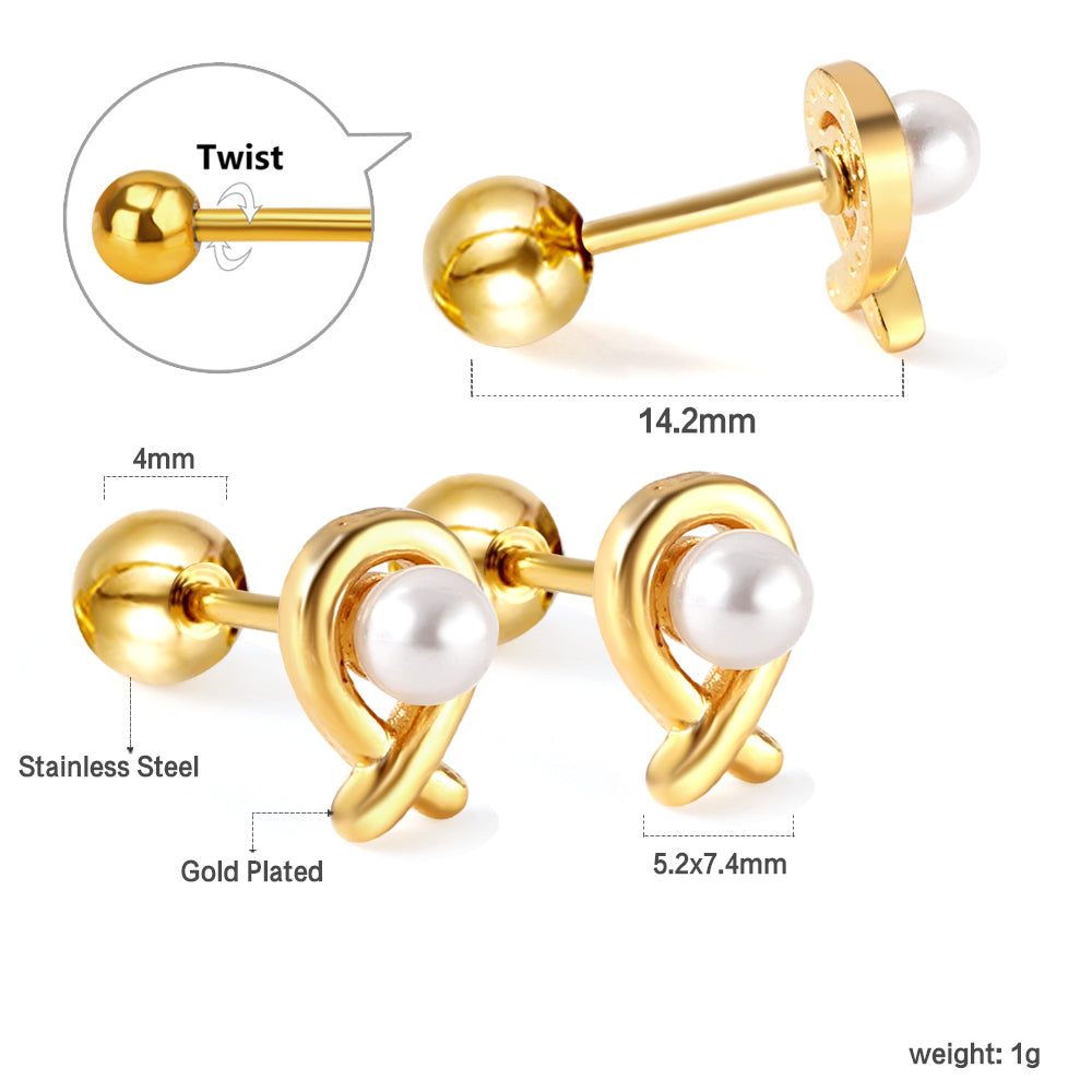 Gold coloured steel ball screw back fish shaped stud earrings with whi