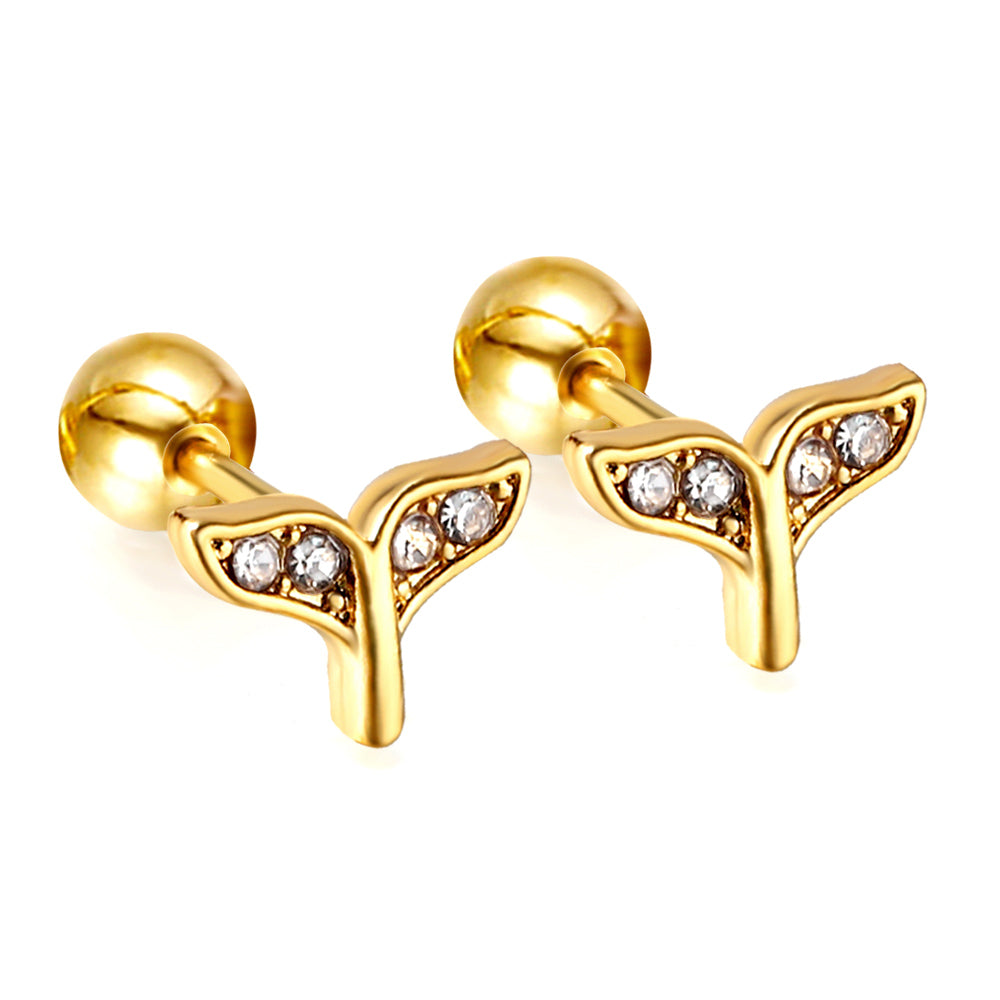 Gold coloured steel ball screw-in crooked star with white diamonds stud earrings asonjewelry
