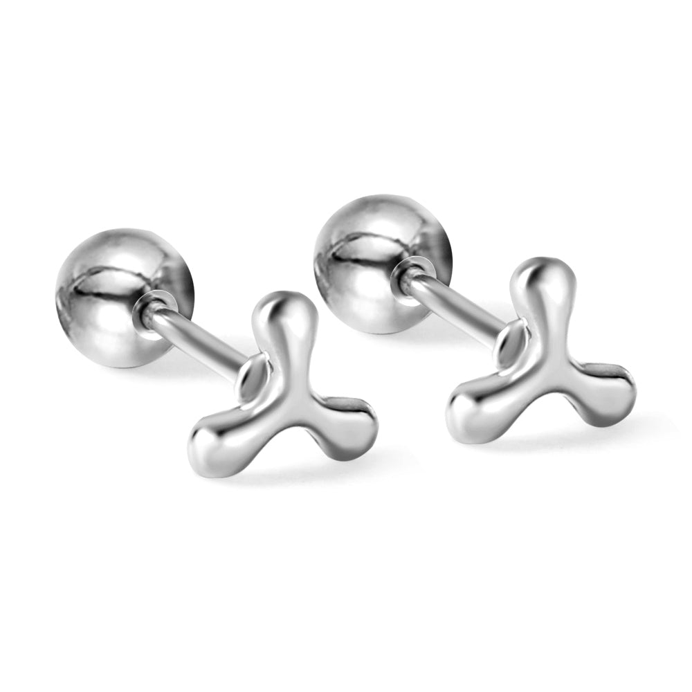 Gold coloured steel ball screw back fan leaf earrings asonjewelry