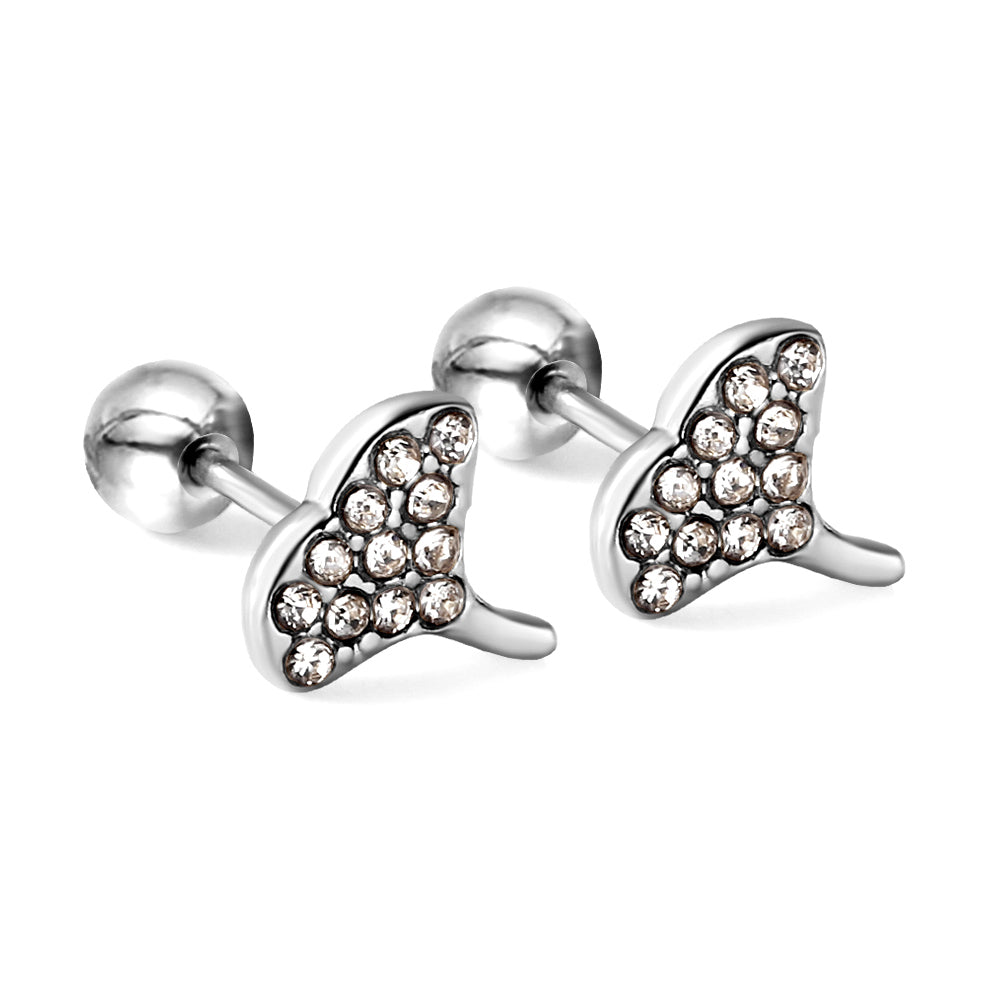 Gold coloured steel ball screw back fan leaf earrings with white diamonds asonjewelry