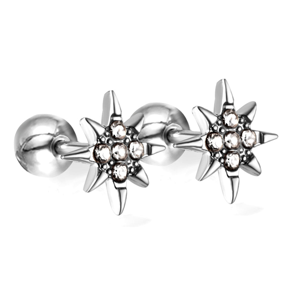 Pendientes de estrella de la suerte atornillados con bolas de acero dorado y diamantes blancos