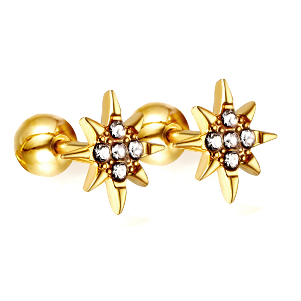 Gold coloured steel ball screw-in lucky star stud earrings with white diamonds asonjewelry