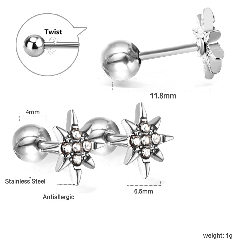 Gold coloured steel ball screw-in lucky star stud earrings with white diamonds asonjewelry