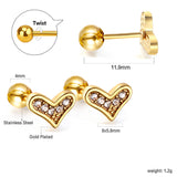 Boucles d'oreilles puces étoile tordue vissée boule en acier doré avec diamants blancs