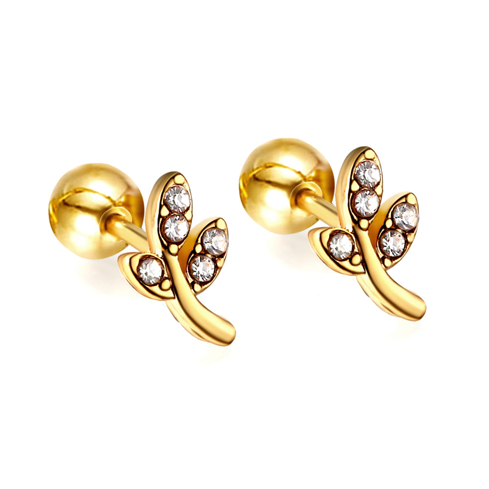 Gold coloured steel ball screw back leaves with white diamonds stud earrings asonjewelry